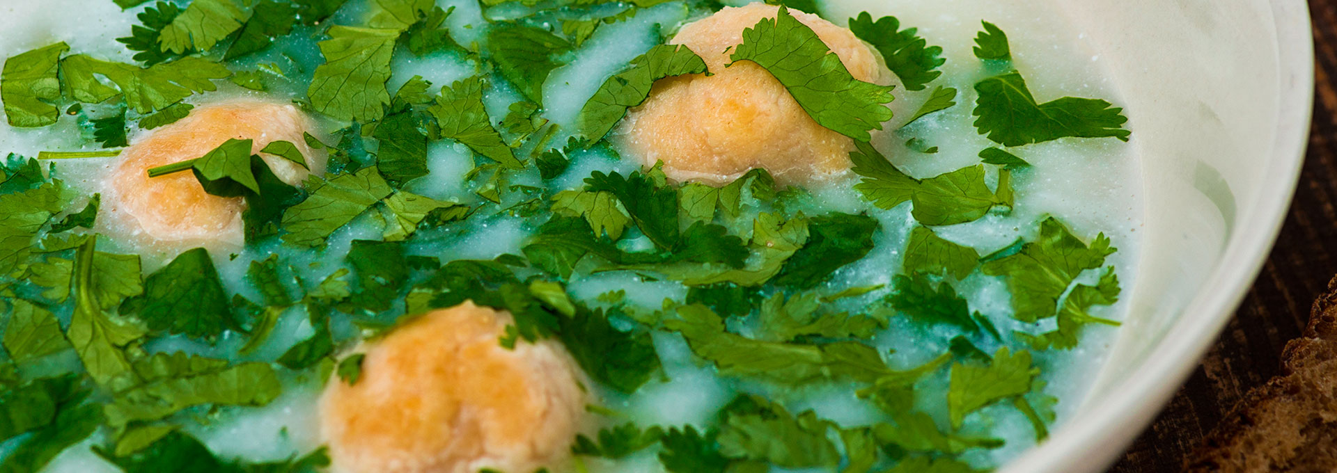 Cheese Soup with Cilantro and Chicken Meatballs